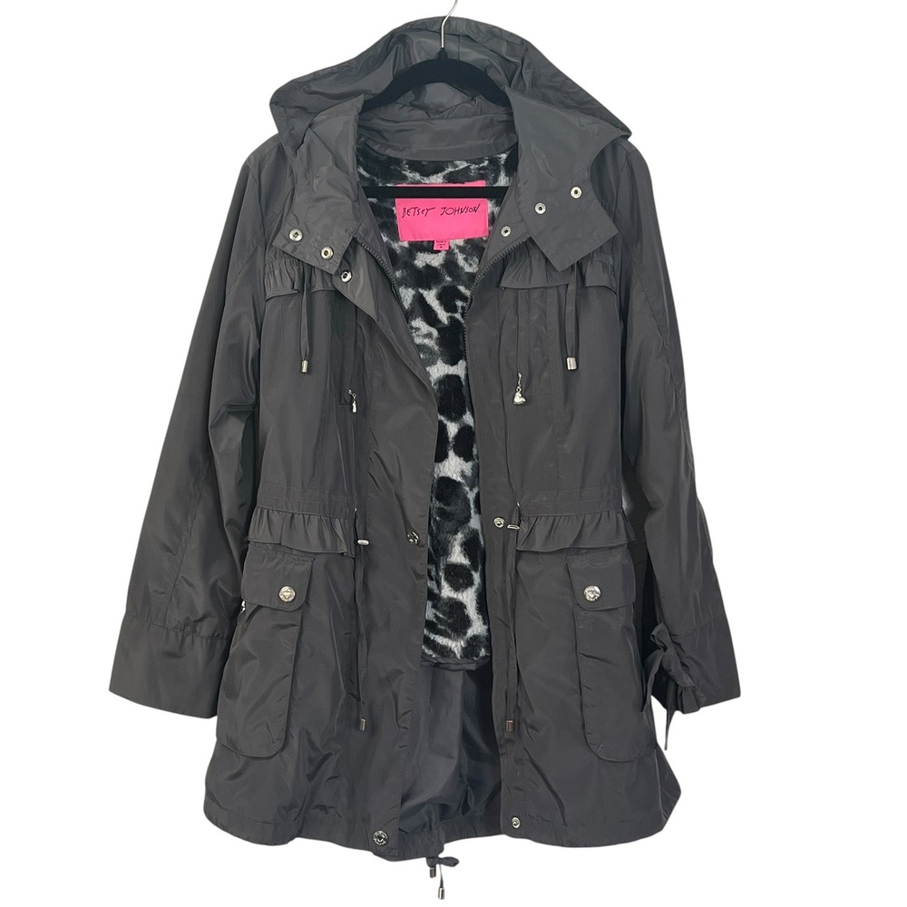 Betsey Johnson Women Gray Hooded Anorak Jacket Leopard Faux Fur Lining Size M